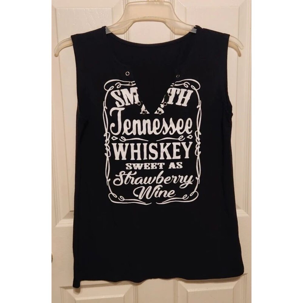Tennessee Whiskey Strawberry Wine Black Tank Top Women’s Large Snap V Neck